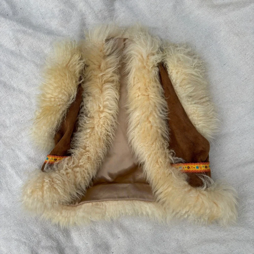 Vintage 70s Kids Suede Faux Fur Vest New Zealand Boho Hippie Brown Cream 4T